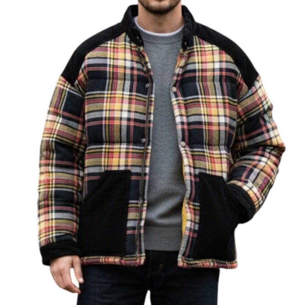 Vintage Stefan Vestberg Carma Plaid Puffer Jacket Wool Corduroy Trim Mens Medium